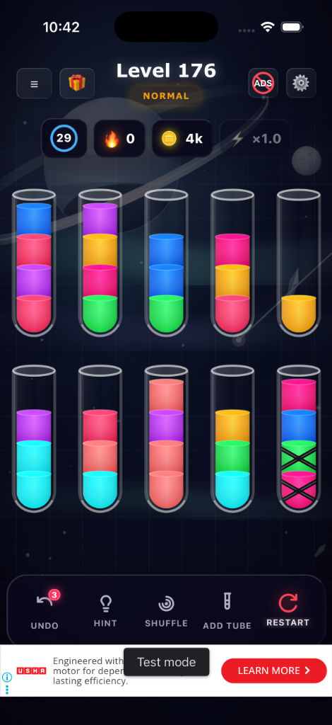 Caged tubes gameplay board locking colors