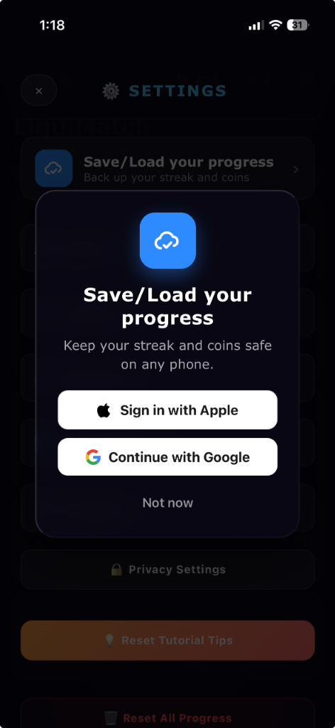 LiquiMatch Cloud Save Sign In settings screen